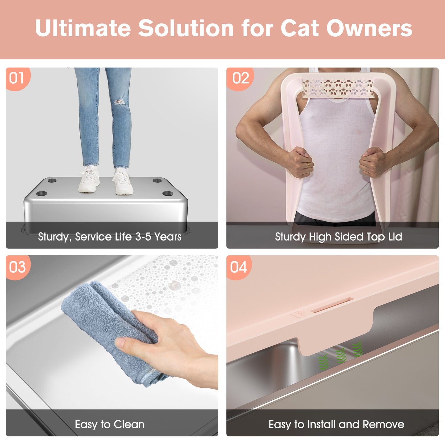 2PACK Stainless Steel Cat Litter Box with High Sides Lid, XL Litter Box for Big Multiple Cats, Extra Large Metal Kitty Litter Boxes with Anti-Leakage Enclosure, Non-Stick,Odorless,Scoop Included