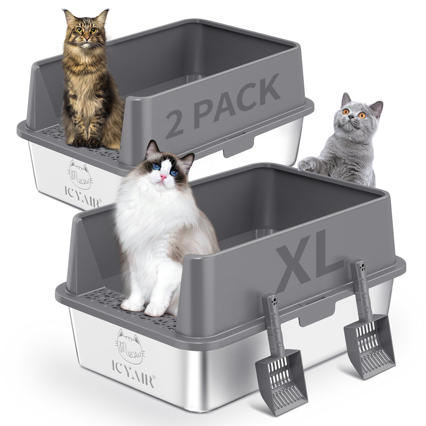 2PACK Stainless Steel Cat Litter Box with High Sides Lid, Extra Large XL Litter Box for Big Cats,Open Top Metal Kitty Litter Boxes with Anti-Leakage Enclosure,Non-Stick,Odorless,Scoop Included