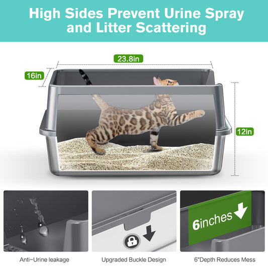 2PACK Stainless Steel Cat Litter Box with High Sides Lid, Extra Large XL Litter Box for Big Cats,Open Top Metal Kitty Litter Boxes with Anti-Leakage Enclosure,Non-Stick,Odorless,Scoop Included